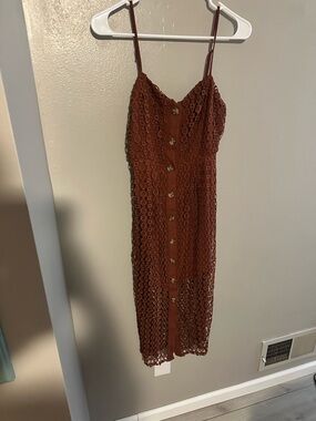 Rust Crochet Button-Front Midi Dress with Spaghetti Straps
